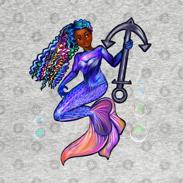 Mermaid and anchor, mermaid with brown eyes, Curly rainbow hair,brown skin - light background by Artonmytee